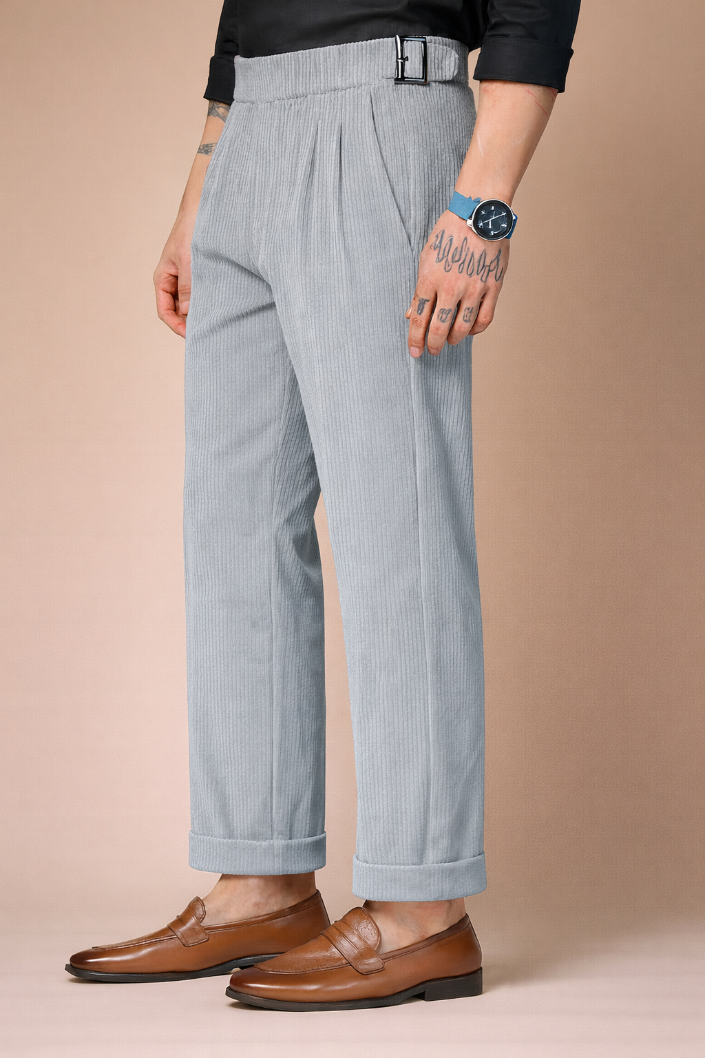 Light Grey Corduroy Classic Buckle Gurkha Pants | Boot Cut Fit by ITALIAN VEGA®