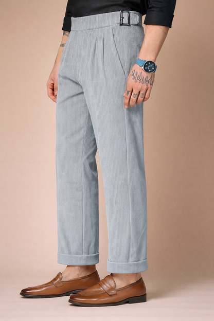 Light Grey Corduroy Classic Buckle Gurkha Pants | Boot Cut Fit by ITALIAN VEGA®