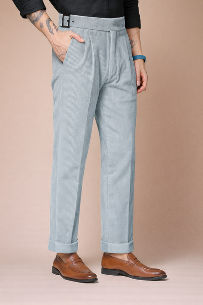 Light Grey Corduroy Classic Buckle Gurkha Pants | Boot Cut Fit by ITALIAN VEGA®