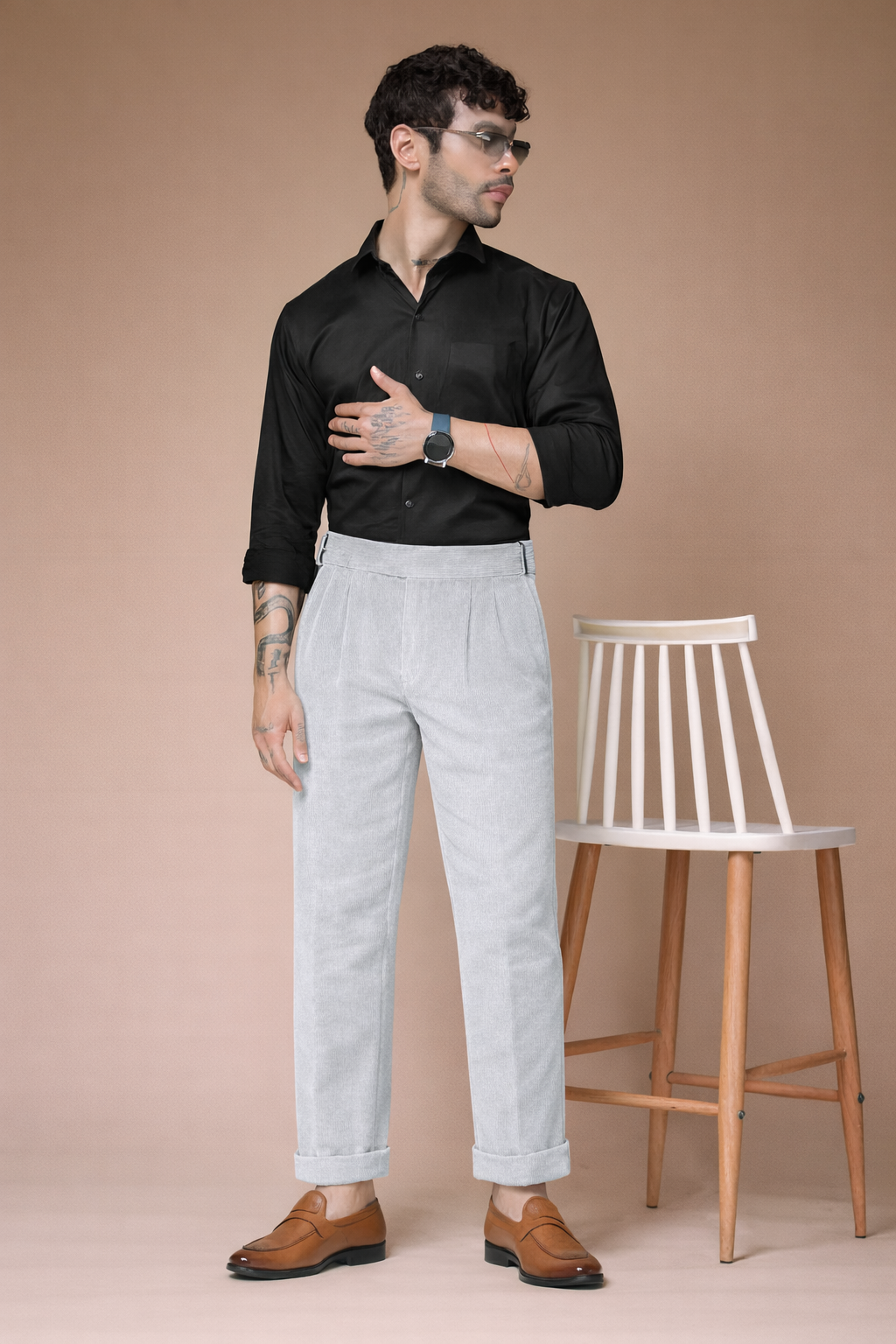 Light Grey Corduroy Classic Buckle Gurkha Pants | Boot Cut Fit by ITALIAN VEGA®
