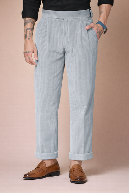 Light Grey Corduroy Classic Buckle Gurkha Pants | Boot Cut Fit by ITALIAN VEGA®