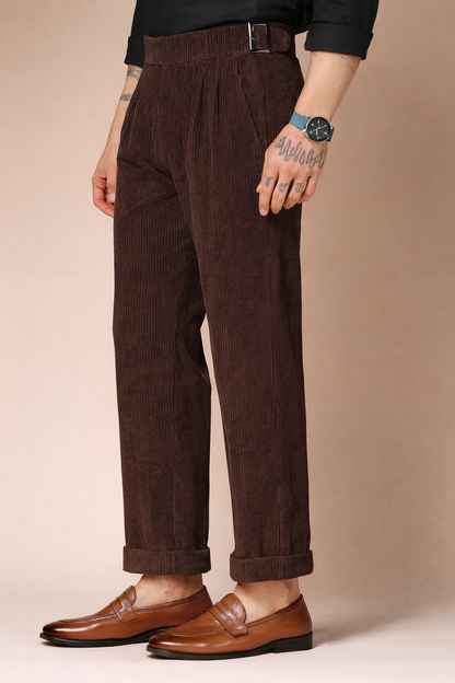 Brown Corduroy Classic Buckle Gurkha Pants | Boot Cut Fit by ITALIAN VEGA®