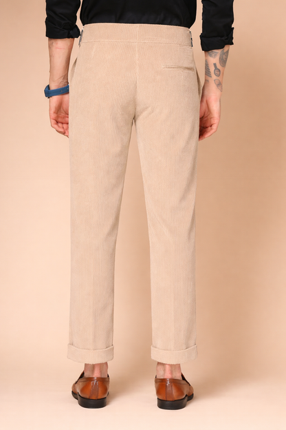 Beige Corduroy Classic Buckle Gurkha Pants | Boot Cut Fit by ITALIAN VEGA®