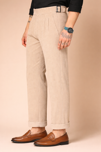 Beige Corduroy Classic Buckle Gurkha Pants | Boot Cut Fit by ITALIAN VEGA®