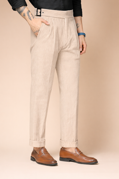 Beige Corduroy Classic Buckle Gurkha Pants | Boot Cut Fit by ITALIAN VEGA®