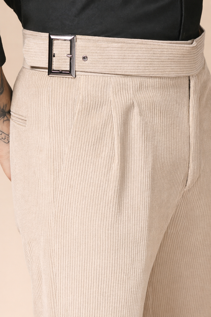Beige Corduroy Classic Buckle Gurkha Pants | Boot Cut Fit by ITALIAN VEGA®