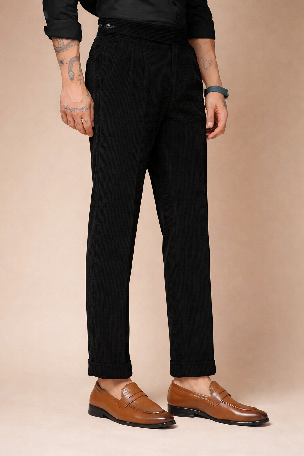 Black Corduroy Classic Button Gurkha Pants | Boot Cut Fit by ITALIAN VEGA®