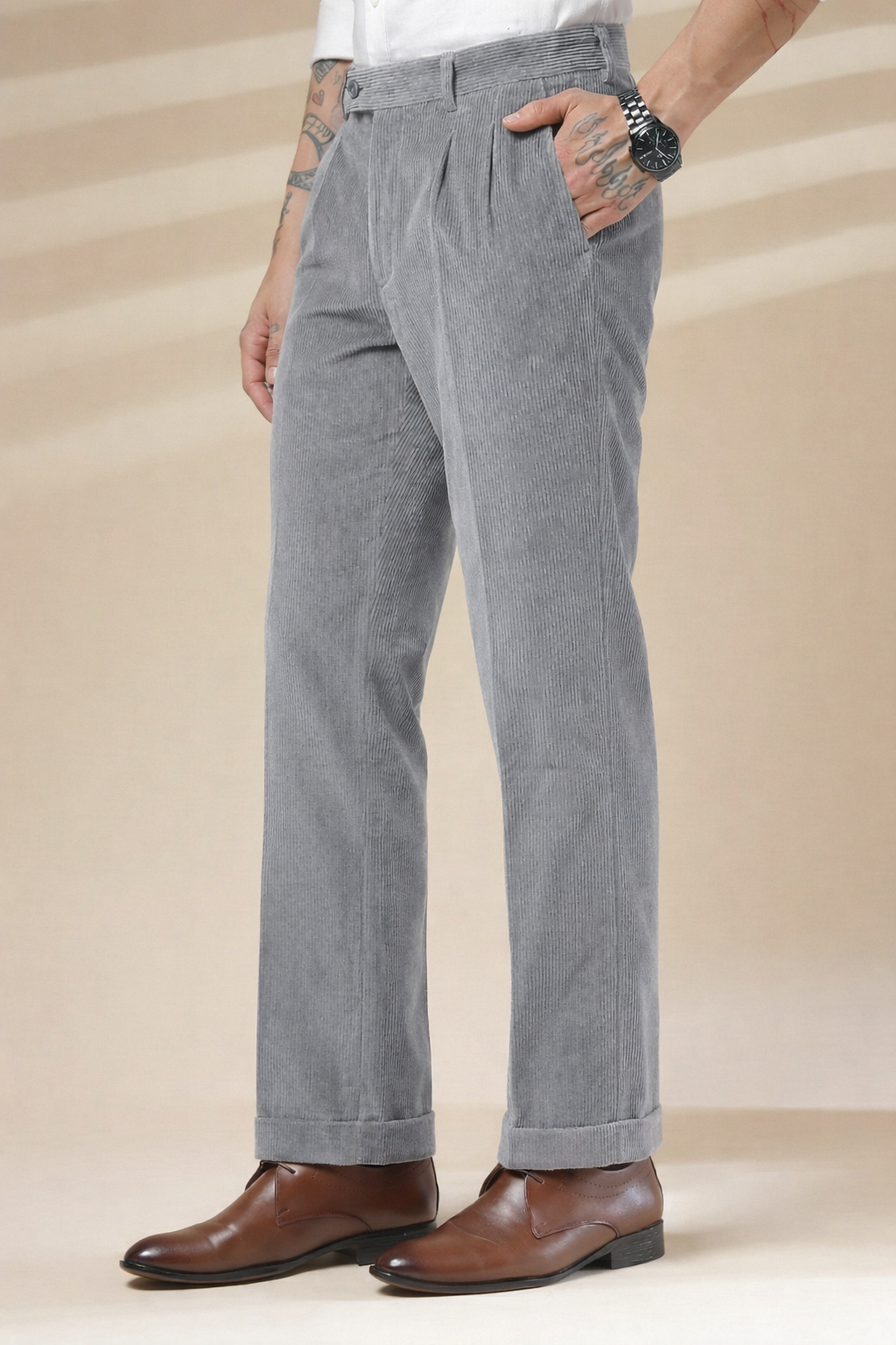 Light Grey Corduroy Signature Flap Gurkha Pants | Boot Cut Fit by ITALIAN VEGA®