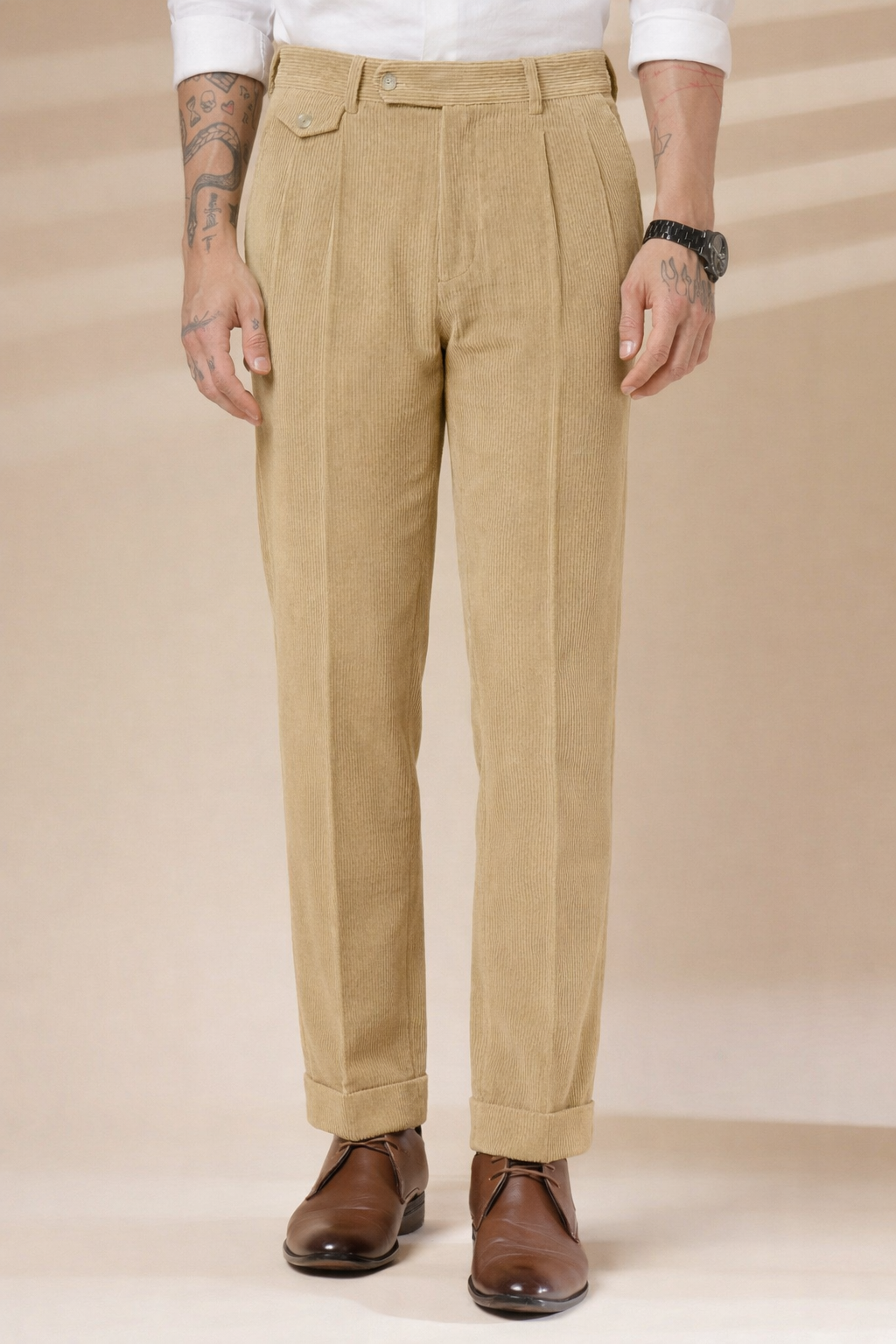 Khakhi Corduroy Signature Flap Gurkha Pants | Boot Cut Fit by ITALIAN VEGA®