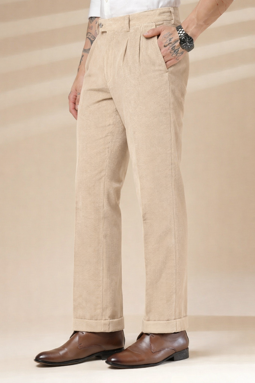 Beige Corduroy Signature Flap Gurkha Pants | Boot Cut Fit by ITALIAN VEGA®