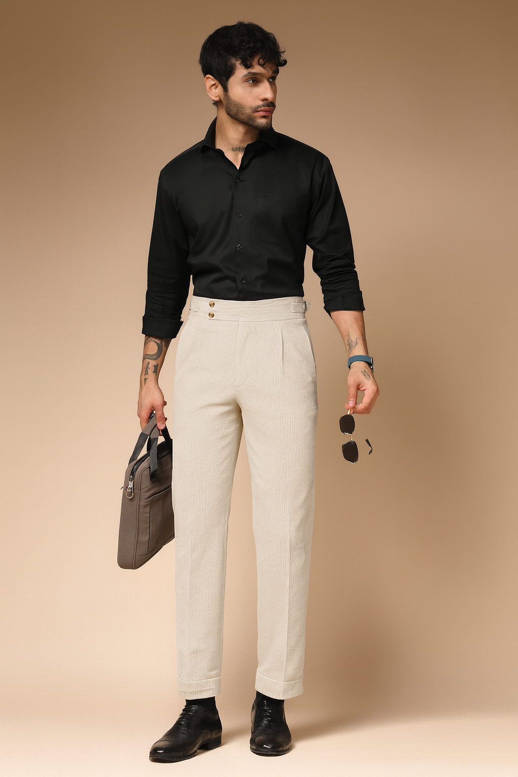 Beige Corduroy Signature Buttoned Gurkha Pants | Boot Cut Fit by ITALIAN VEGA®