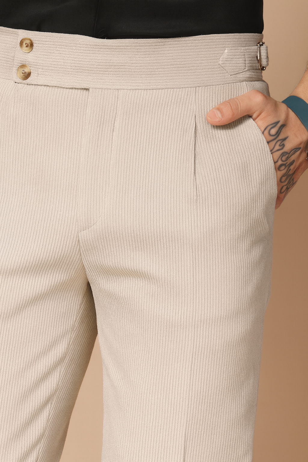 Beige Corduroy Signature Buttoned Gurkha Pants | Boot Cut Fit by ITALIAN VEGA®