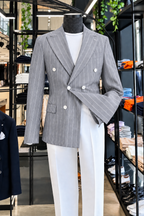 Ash Grey Striped Double Breasted Blazer by Italian Vega (Special Edition)