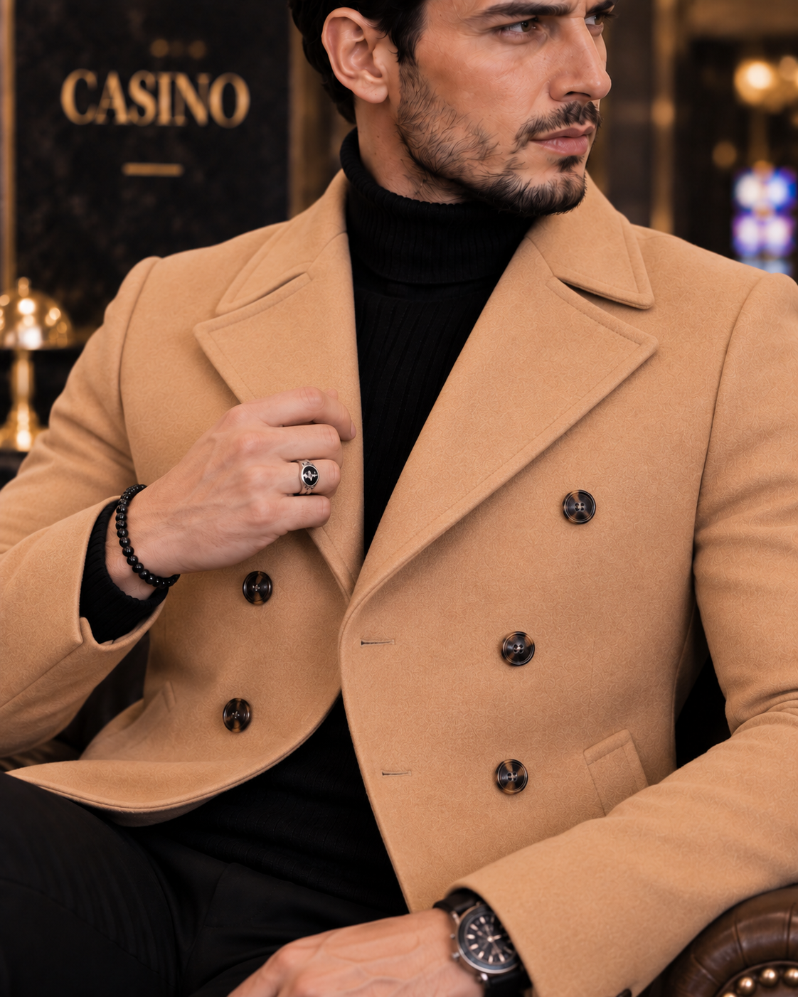 Frost Slim Fit Camel Double Breasted Wool Over Coat by ITALIAN VEGA® (Winter Special)