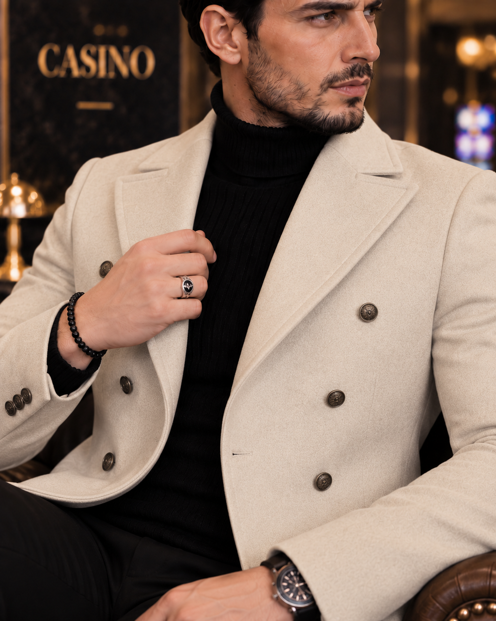 Frost Slim Fit Beige Double Breasted Wool Over Coat by ITALIAN VEGA® (Winter Special)