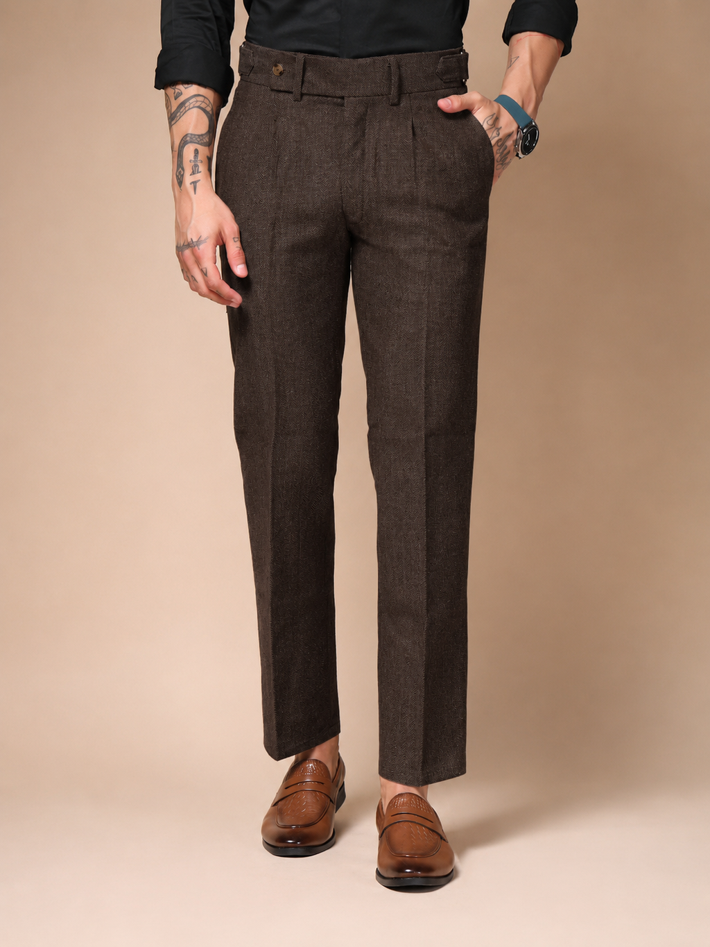Brown Oxford Herringbone Gurkha Pants | Boot Cut Fit by Italian Vega®