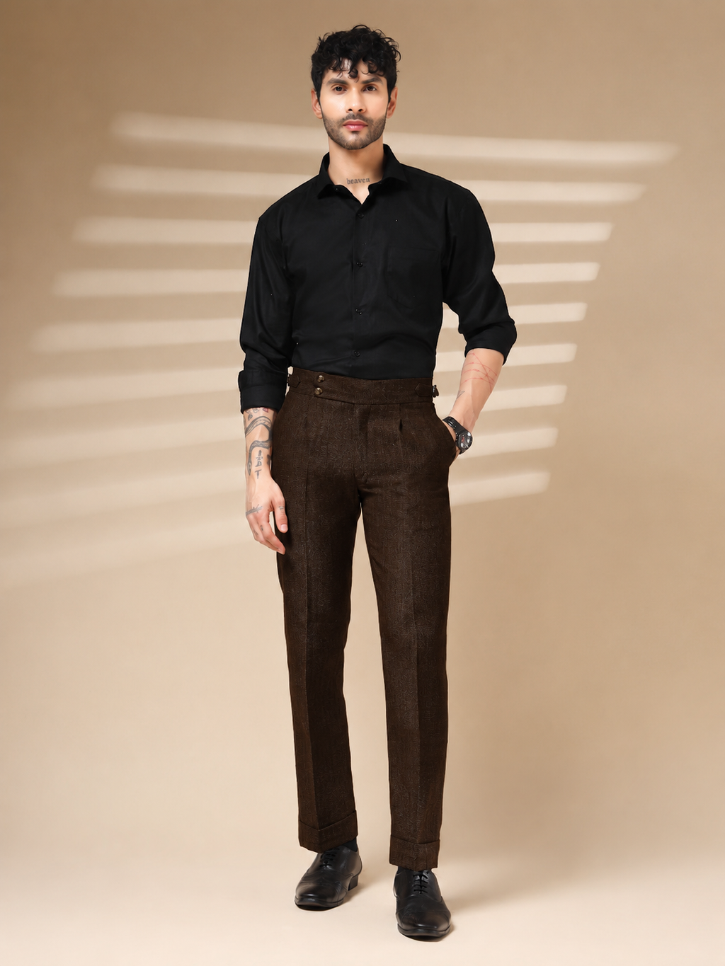Brown Signature Buttoned Herringbone Gurkha Pants | Boot Cut Fit by Italian Vega®