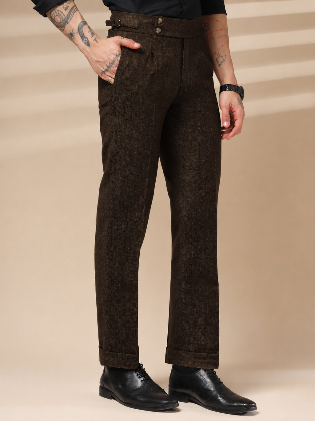 Brown Signature Buttoned Herringbone Gurkha Pants | Boot Cut Fit by Italian Vega®