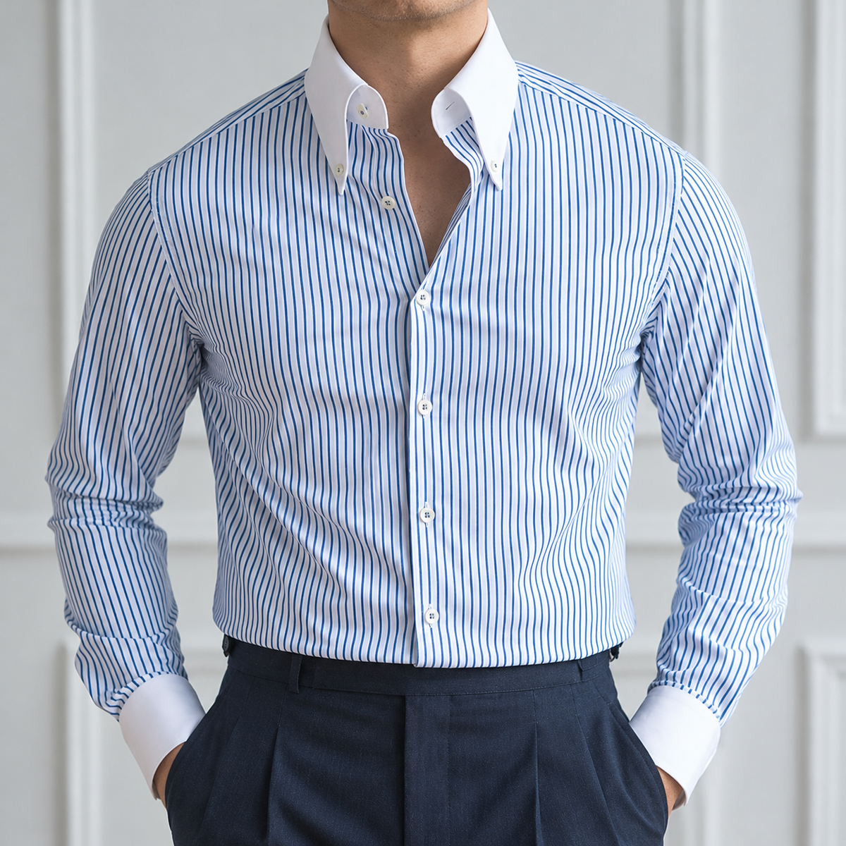 Old Money Navy Contrast Stripes Classic Collar Shirt by Italian Vega®