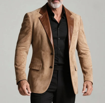 Luxury Beige Single Breasted Suede & PU Leather Blazer – Italian Vega®