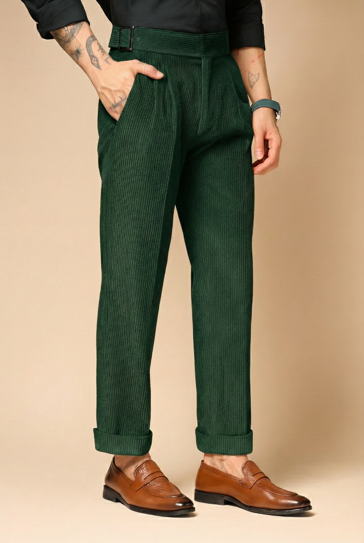 Bottle Green Corduroy Classic Buckle Gurkha Pants | Boot Cut Fit by ITALIAN VEGA®