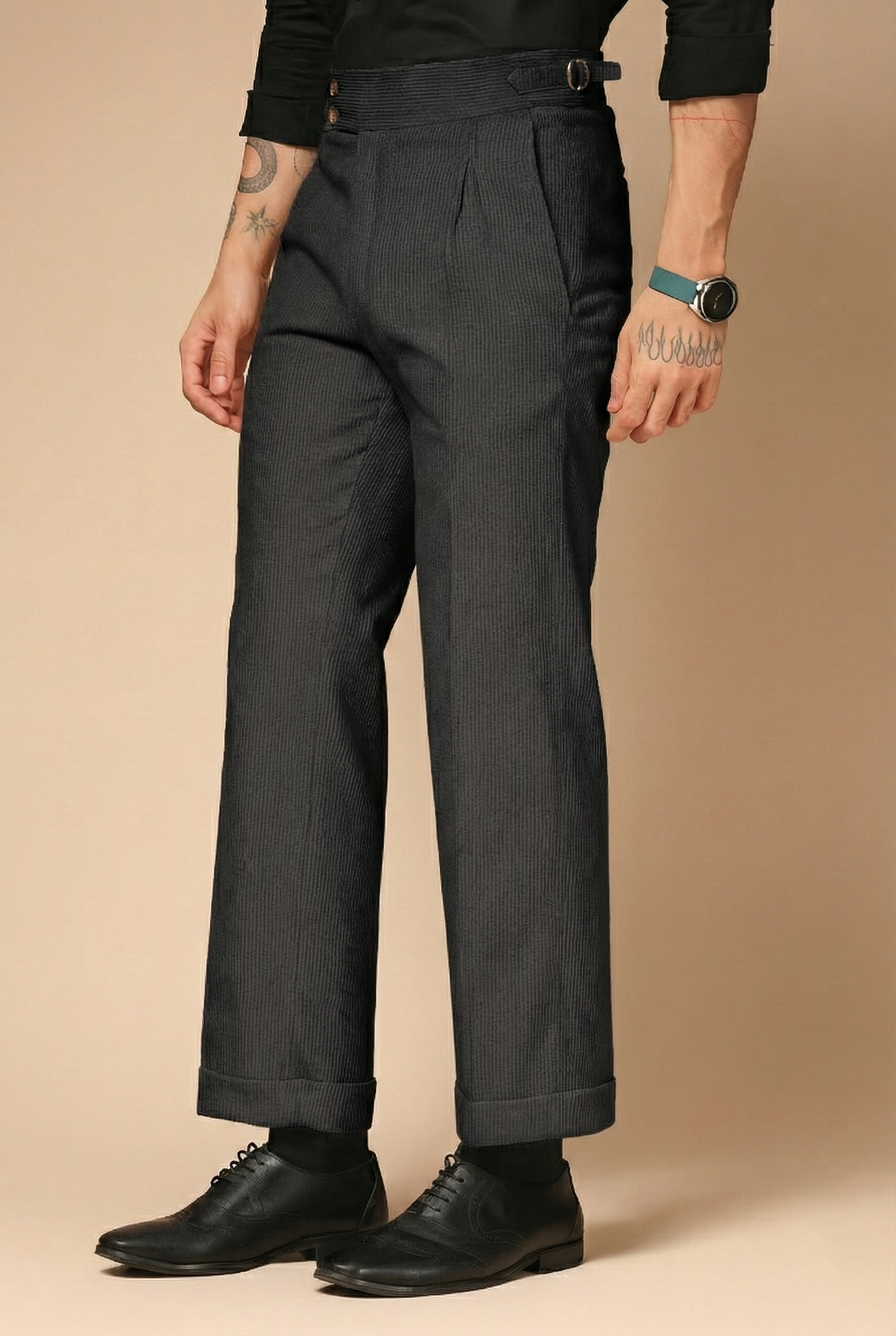 Black Corduroy Signature Buttoned Gurkha Pants | Boot Cut Fit by ITALIAN VEGA®