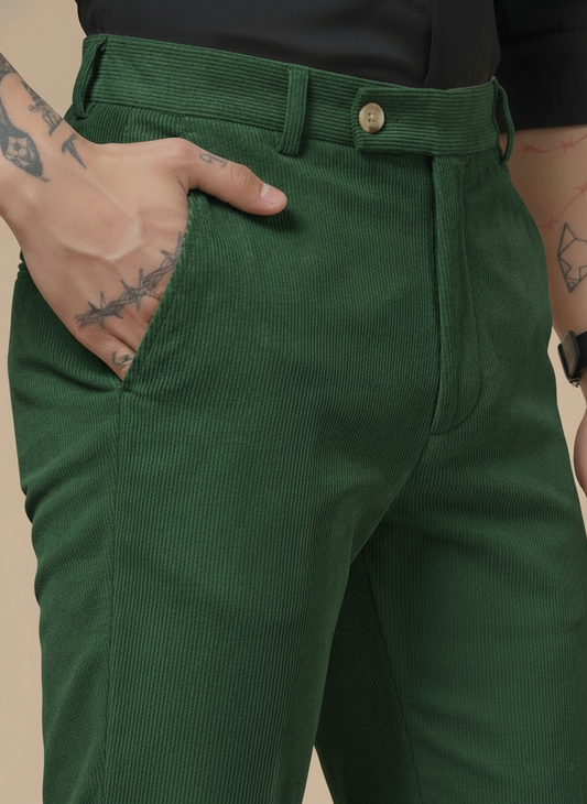 Bottle Green Corduroy Men Pleated Formal Pants | Boot Cut Fit by ITALIAN VEGA®