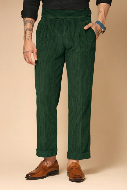 Bottle Green Corduroy Classic Button Gurkha Pants | Boot Cut Fit by ITALIAN VEGA®
