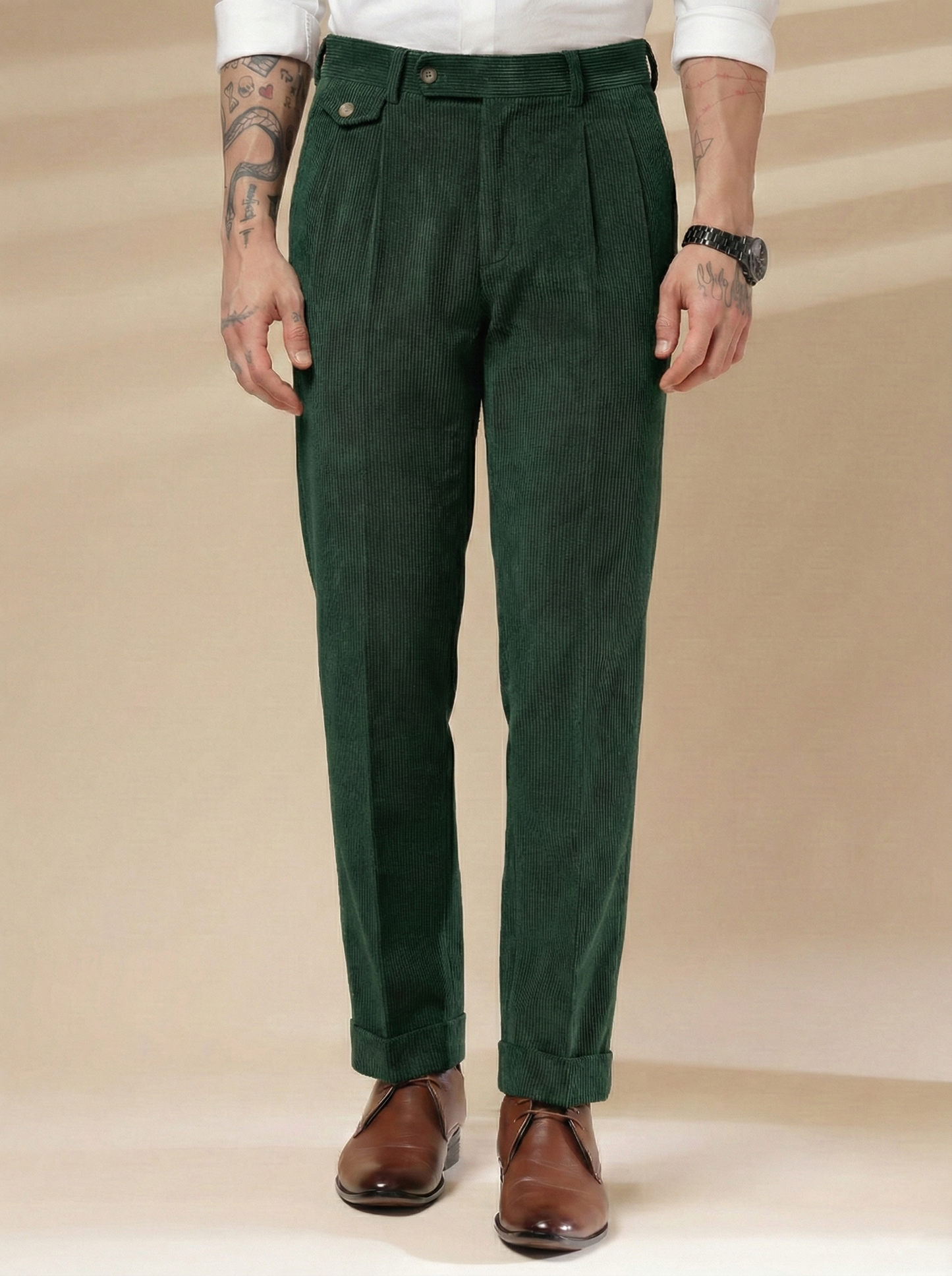 Bottle Green Corduroy Signature Flap Gurkha Pants | Boot Cut Fit by ITALIAN VEGA®
