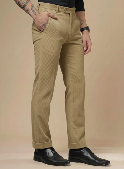Khakhi Corduroy Men Pleated Formal Pants | Boot Cut Fit by ITALIAN VEGA®