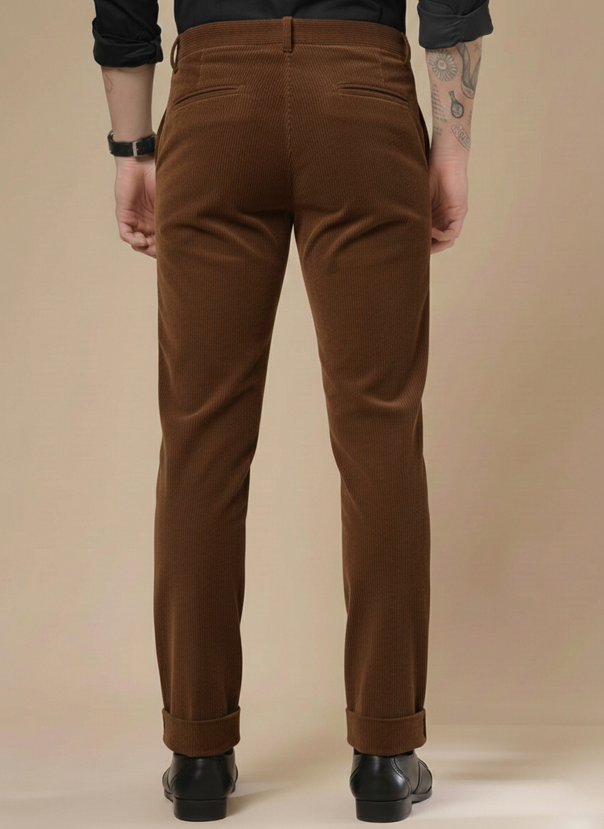 Brown Corduroy Men Pleated Formal Pants | Boot Cut Fit by ITALIAN VEGA®