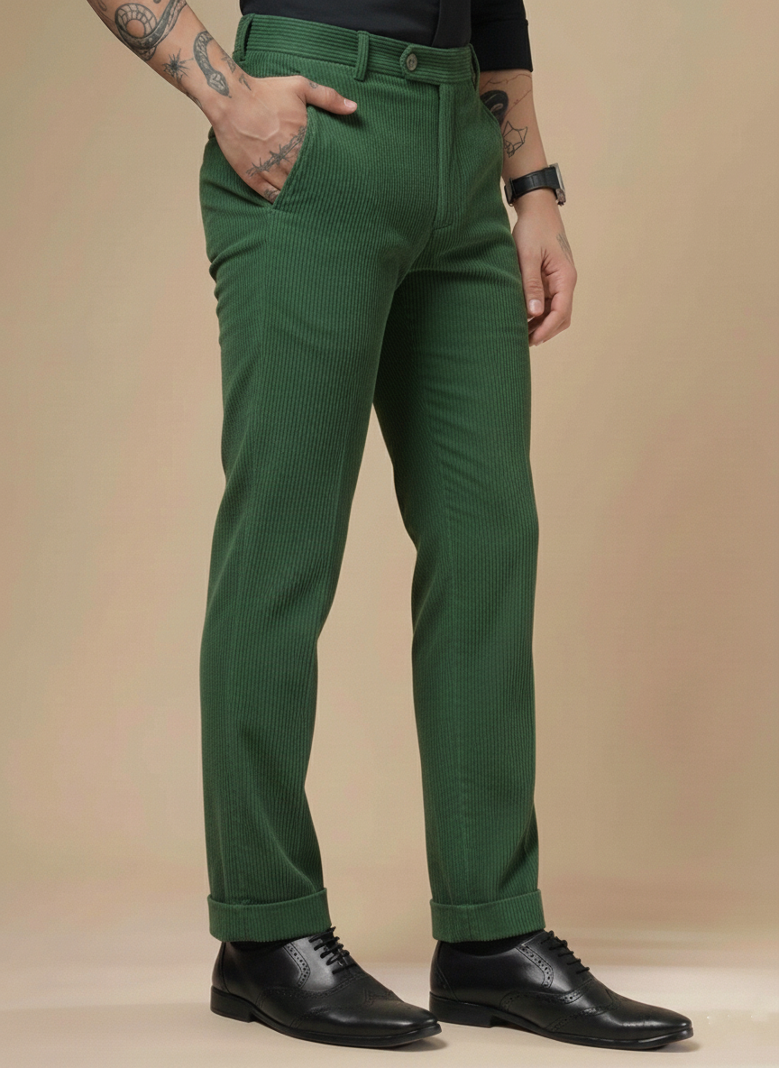 Bottle Green Corduroy Men Pleated Formal Pants | Boot Cut Fit by ITALIAN VEGA®