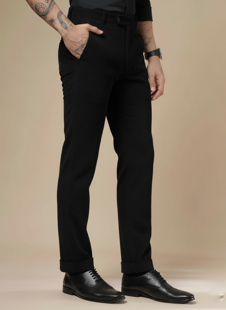Black Corduroy Men Pleated Formal Pants | Boot Cut Fit by ITALIAN VEGA®