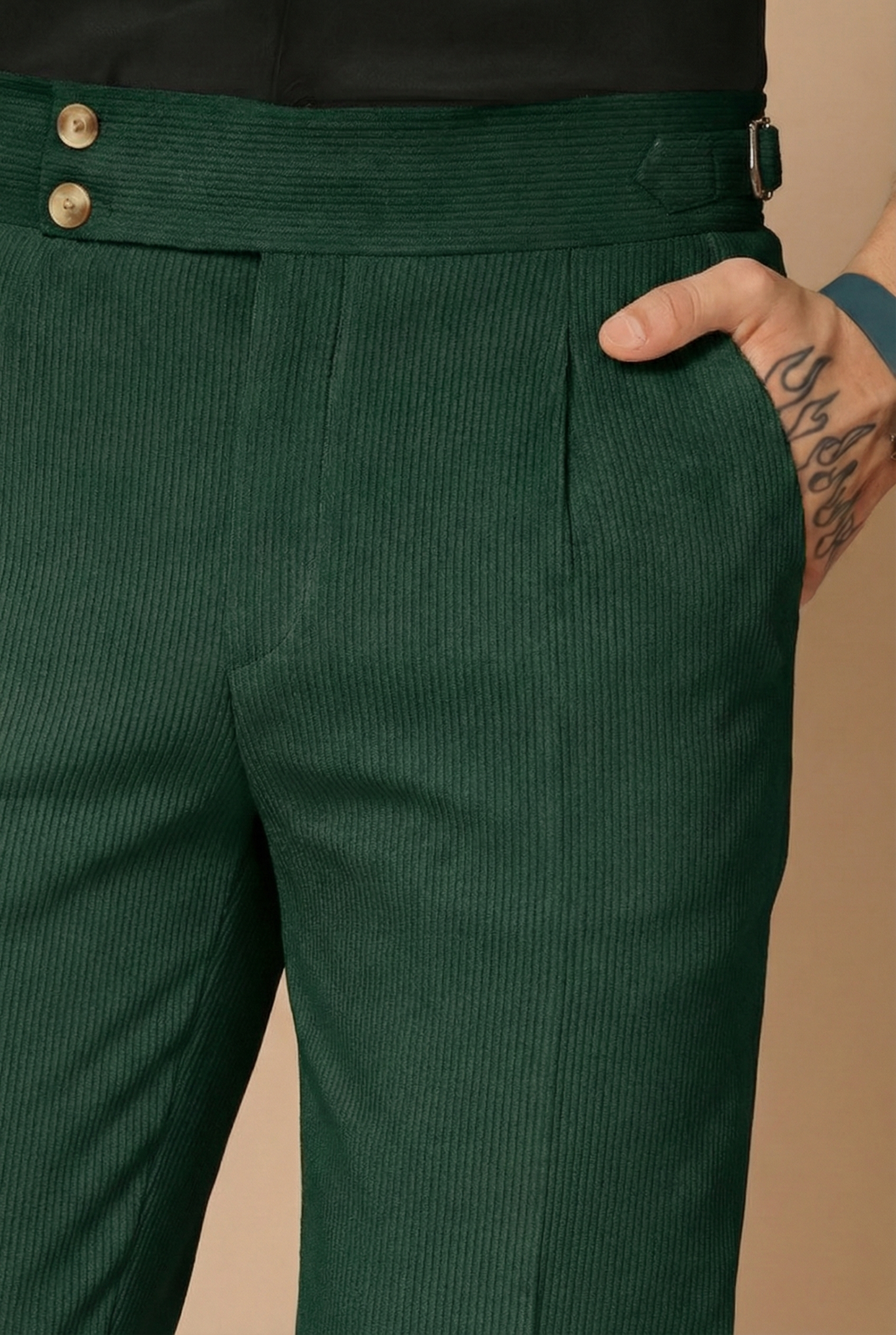 Bottle Green Corduroy Signature Buttoned Gurkha Pants | Boot Cut Fit by ITALIAN VEGA®