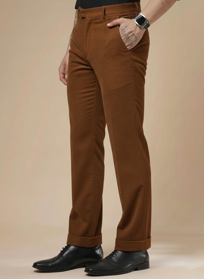 Brown Corduroy Men Pleated Formal Pants | Boot Cut Fit by ITALIAN VEGA®