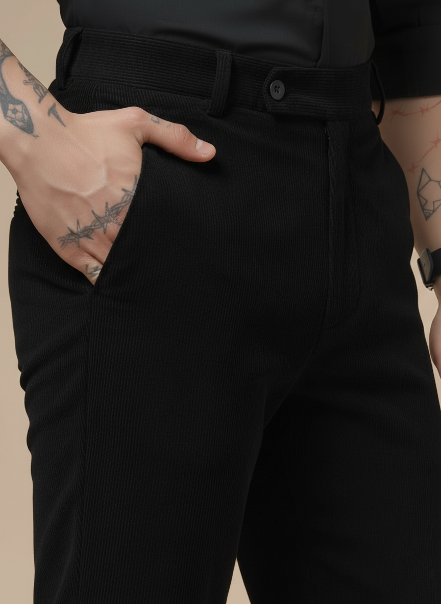 Black Corduroy Men Pleated Formal Pants | Boot Cut Fit by ITALIAN VEGA®