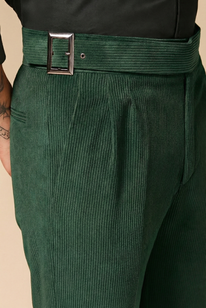 Bottle Green Corduroy Classic Buckle Gurkha Pants | Boot Cut Fit by ITALIAN VEGA®