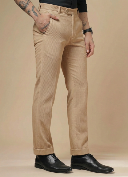 Beige Corduroy Men Pleated Formal Pants | Boot Cut Fit by ITALIAN VEGA®