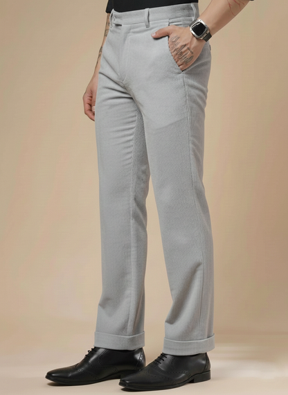Light Grey Corduroy Men Pleated Formal Pants | Boot Cut Fit by ITALIAN VEGA®