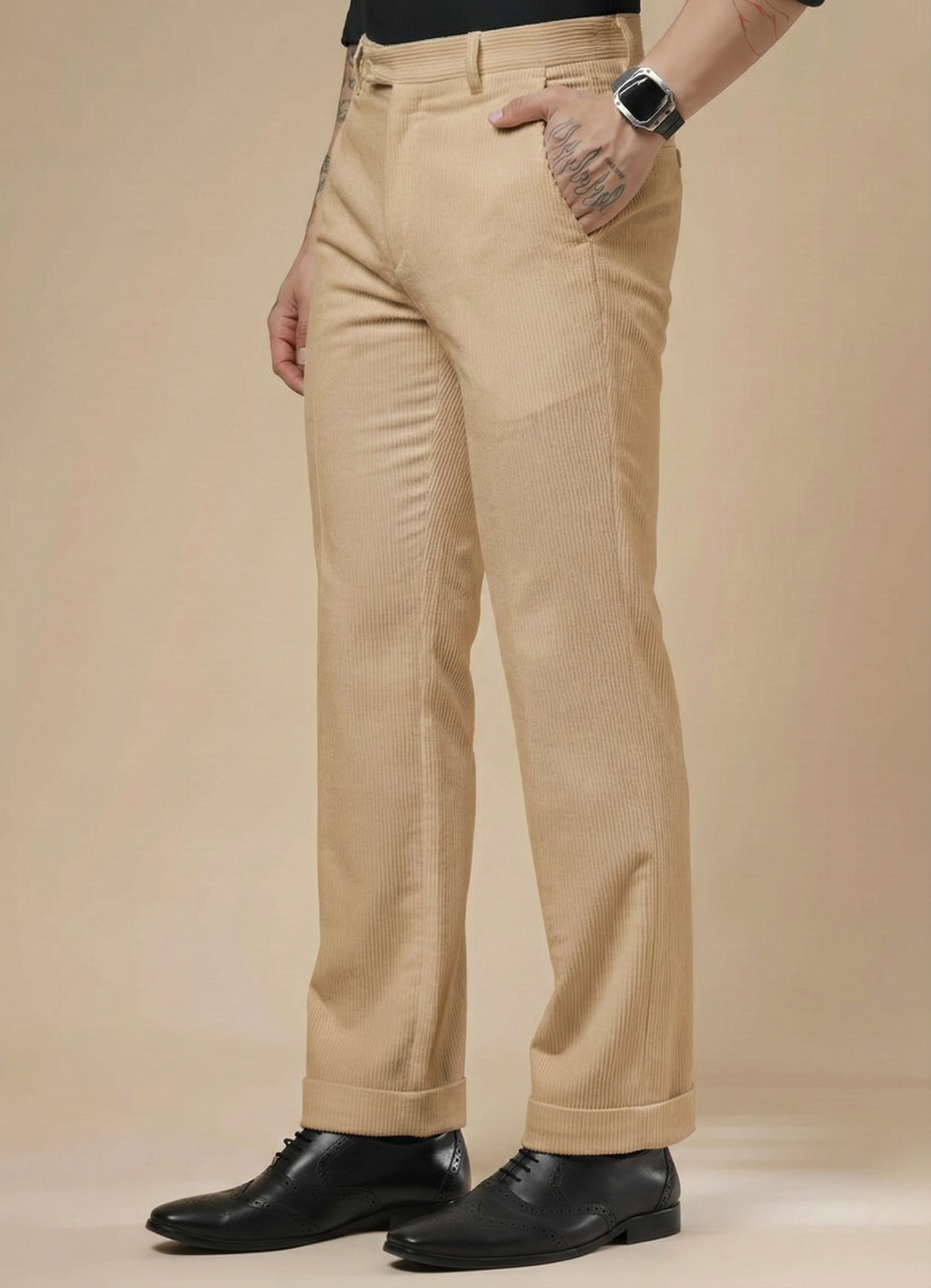 Beige Corduroy Men Pleated Formal Pants | Boot Cut Fit by ITALIAN VEGA®