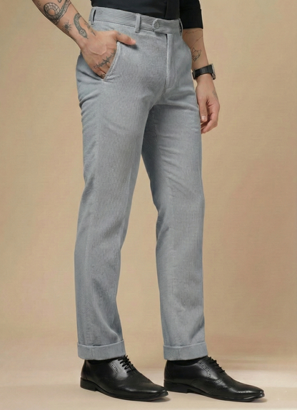 Light Grey Corduroy Men Pleated Formal Pants | Boot Cut Fit by ITALIAN VEGA®
