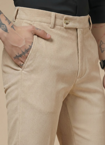 Beige Corduroy Men Pleated Formal Pants | Boot Cut Fit by ITALIAN VEGA®