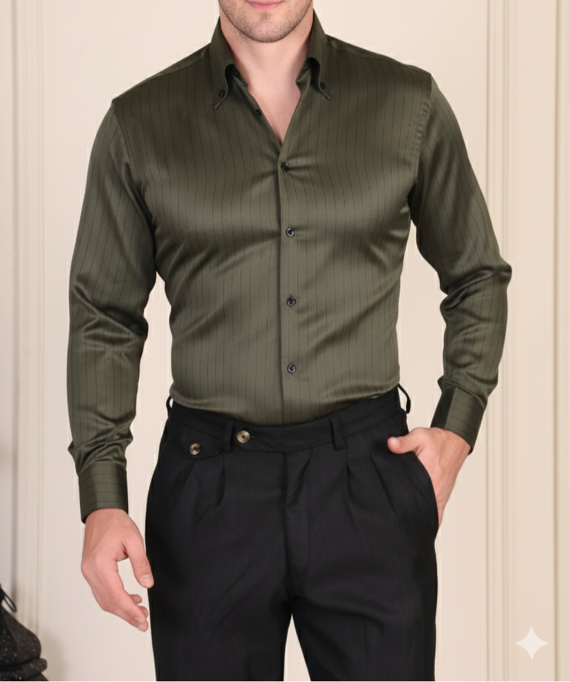 Olive green pinstripe satin shirt with one piece collar for men by Italian Vega®, styled with black trousers.