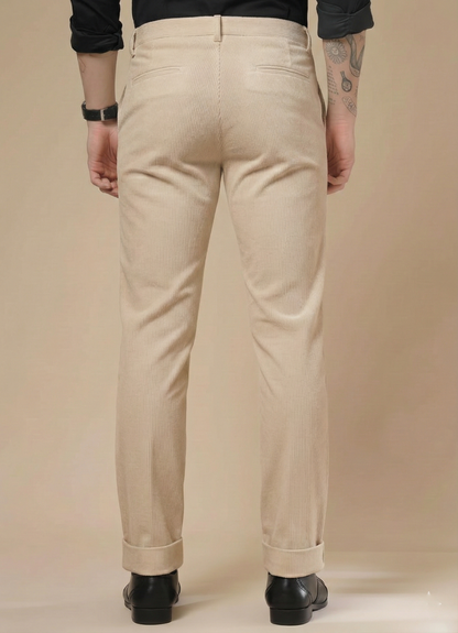 Beige Corduroy Men Pleated Formal Pants | Boot Cut Fit by ITALIAN VEGA®