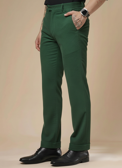 Bottle Green Corduroy Men Pleated Formal Pants | Boot Cut Fit by ITALIAN VEGA®