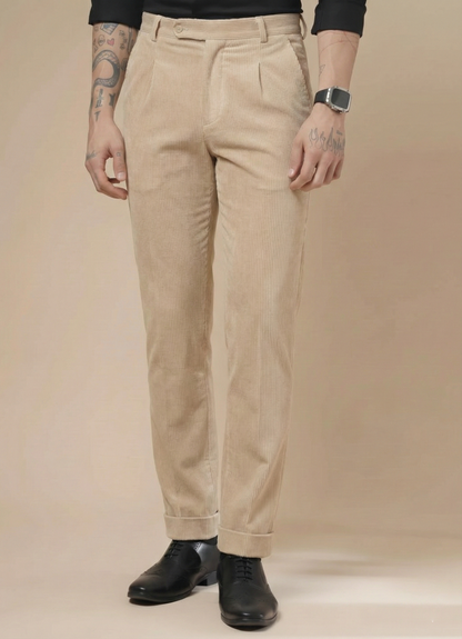 Beige Corduroy Men Pleated Formal Pants | Boot Cut Fit by ITALIAN VEGA®