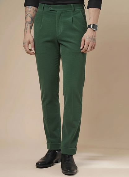Bottle Green Corduroy Men Pleated Formal Pants | Boot Cut Fit by ITALIAN VEGA®
