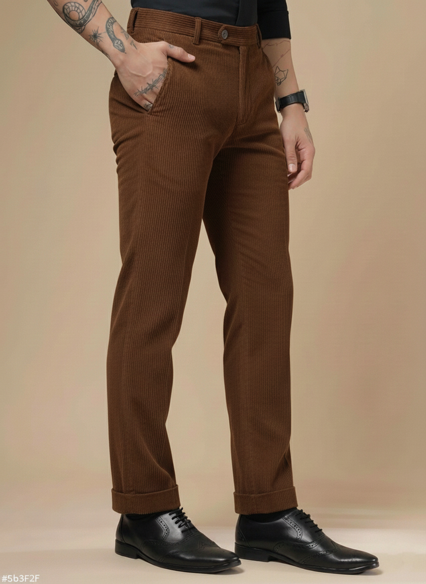 Brown Corduroy Men Pleated Formal Pants | Boot Cut Fit by ITALIAN VEGA®
