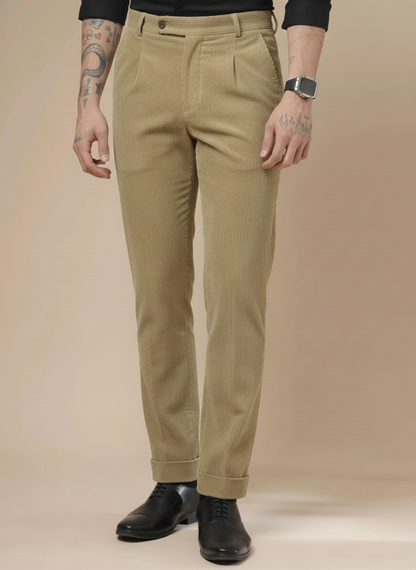 Khakhi Corduroy Men Pleated Formal Pants | Boot Cut Fit by ITALIAN VEGA®