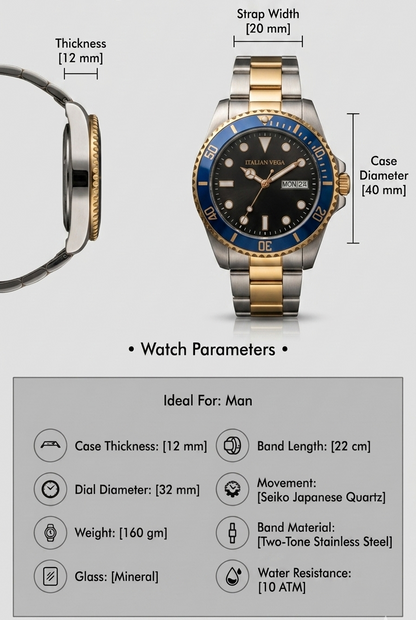 Italian Vega Riviera Diver Watch – Blue & Gold Stainless Steel Luxury Timepiece